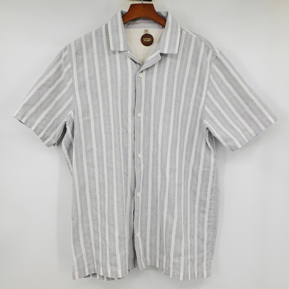 Common People Mens XL Grey White Striped Short Sleeve Button Down Shirt Preppy